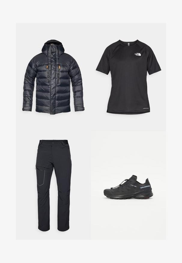 Tamnoplava puffer jakna s kapuljačom, sa pamučnim dizajnom, dva prednja džepa sa zatvaračem i kožnim detaljima na zatvaračima. Glatka, sjajna tekstura.; Crna kratkotrajna atletska majica s teksturiranom tkaninom, koja ima bijeli logo na lijevom prsnom dijelu i ravni rub.; Crne vanjske hlače s patentnim zatvaračem na butu, elastičnim pojasom i glatkim, vodootpornim materijalom. Čist dizajn bez vidljivih logotipa.; Crne trail tenisice za trčanje s teksturiranim gornjim dijelom, elastičnim vezicama i Contagrip potplatom. Imaju uski fit i zaštitni vrh.