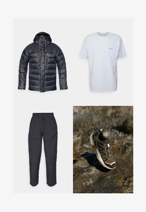 Giacca puffer blu navy con cappuccio, caratterizzata da un design trapuntato, due tasche frontali con zip e dettagli in pelle sulle zip. Texture liscia e lucida.; T-shirt bianco in cotone con maniche corte, scollo rotondo e tasca sul petto sinistro con il logo "Patagonia" blu. Vestibilità classica con una texture liscia.; Pantaloni cargo neri realizzati in un materiale leggero e resistente all'acqua; presentano una vita elastica, diverse tasche con zip e gambe affusolate.; Scarpe da escursionismo in verde oliva e nero con dettagli rosa. Presentano una parte superiore testurizzata, suola flessibile, puntale rinforzato e un vivace sistema di allacciatura.