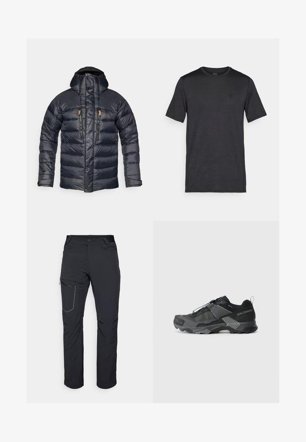 Chaqueta acolchada azul marino con capucha, que presenta un diseño acolchado, dos bolsillos frontales con cremallera y detalles en cuero en las cremalleras. Textura suave y brillante.; Camiseta negra de manga corta hecha de una tela suave y ligera. Presenta un escote redondo y un logo bordado en el pecho.; Pantalones exteriores negros con un bolsillo en el muslo con cremallera, cintura elástica y tejido liso y resistente al agua. Diseño limpio sin logotipos visibles.; Zapatilla de trail running negra con parte superior de malla duradera, puntera reforzada, suela de goma texturizada y sistema de cordones elásticos para un ajuste seguro.