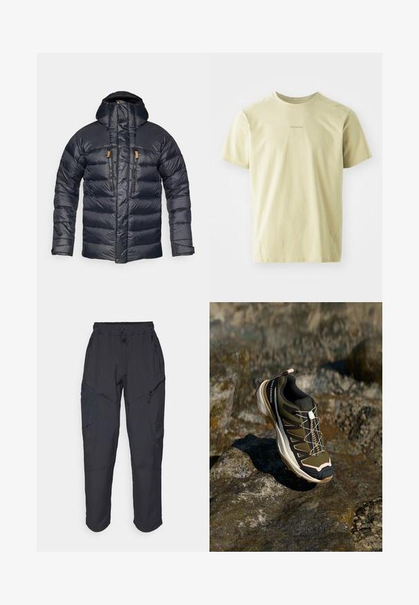 Chaqueta acolchada azul marino con capucha, que presenta un diseño acolchado, dos bolsillos frontales con cremallera y detalles en cuero en las cremalleras. Textura suave y brillante.; Salomon TRACKLINE TEE - Camiseta deportiva - gray green; Pantalones cargo negros hechos de un material ligero y resistente al agua; cuentan con una cintura elástica, múltiples bolsillos con cremallera y piernas ajustadas.; Zapato de senderismo en verde oliva y negro con toques de rosa. Cuenta con una parte superior texturizada, suela flexible, capuchón de punta reforzado y un sistema de cordones colorido.