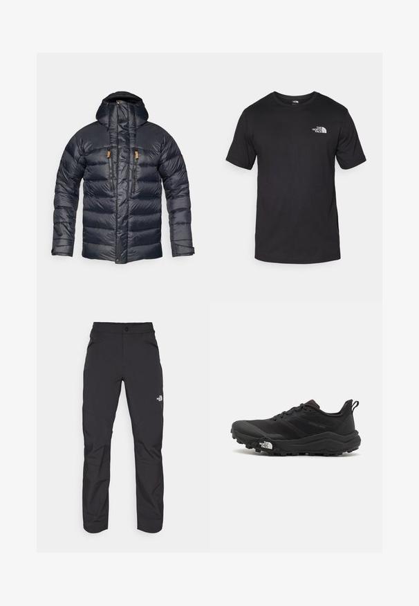 Námořnická pufovaná bunda s kapucí, která má prošívaný design, dvě přední zipové kapsy a kožené akcenty na zipy. Hladký, lesklý povrch.; Černé tričko s krátkým rukávem vyrobené z bavlny, s kulatým výstřihem a malým bílým logem na horní levé části hrudi.; Černé venkovní kalhoty s kapsou na zip na přední straně, syntetický materiál, zúžené nohavice a zesílené panely na kolenou. Vybaveny knoflíkovým zapínáním.; Černé trailové běžecké boty s texturovaným svrškem, gumovou podrážkou a vyztuženou špičkou. Obsahují polstrovaný límec a poutko pro snadné obouvání.