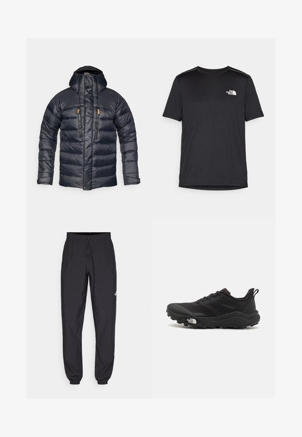 Sinine puffer-jakk, millel on kapuuts, iseloomustades tepitud disaini, kahte esist tõmblukuga taskut ja nahakaunistusi tõmblukkudel. Sile, läikiv tekstuur.; Must mustaöödiga must T-särk, mis on valmistatud kerge riidekanga. Esiküljel on vasakul rinnal väike valge logo ning õlgadel on peened aktsendid.; Mustavad sportlikud püksid, mis on valmistatud kergest kangast, joonlauaga taljest, küljetaskudega ja kitsenevate varrukatega pahkluude juures.; Must tume jooksujalats musta värvi, tekstuurse ülemise osaga, kummist tallaga ja tugevdatud varbaga. Omab pehmendusega krae ja tõmblinti mugavaks selga panemiseks.