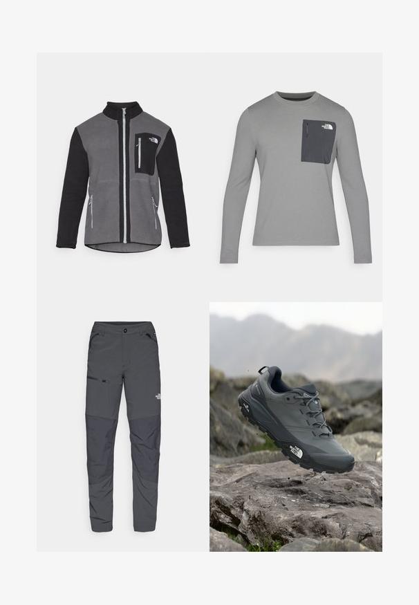 Szürke és fekete polárdzseki, magas gallérral, cipzáras zsebekkel és logós mellzsebbel. Puha, texturált anyag.; Hosszú ujjú szürke ing, texturált anyagból, sötétszürke mellzsebbel és cipzárral. A zsebén fehér logó található.; Szürke kültéri nadrág sima textúrával, oldalzsebében cipzárral, megerősített térdszakaszokkal és diszkrét logóval.; Szürke terepfutó cipő, texturált felsőrésszel, tartós gumitalppal és megerősített orr résszel. Fekete fűzők és márka logó a cipő oldalán.
