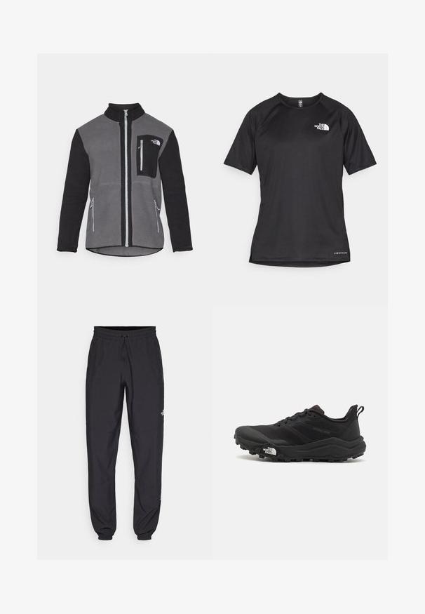 Fleece jacket in gray and black, featuring a high collar, zippered pockets, and a chest pocket with a logo. Soft, textured fabric.; Black short-sleeve athletic shirt with a textured fabric, featuring a white logo on the left chest and a straight hem.; Black athletic pants made from lightweight fabric, featuring a drawstring waistband, side pockets, and tapered cuffs at the ankles.; Black trail running shoe with a textured upper, rubber sole, and reinforced toe cap. Features a padded collar and pull tab for easy wear.
