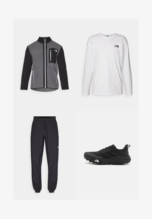 Giacca in fleece grigia e nera, con colletto alto, tasche con zip e tasca sul petto con logo. Tessuto morbido e strutturato.; T-shirt bianco a maniche lunghe in cotone con colletto rotondo. Presenta un piccolo logo nero sul petto. Texture liscia, vestibilità regolare.; Pantaloni sportivi neri realizzati in tessuto leggero, con vita regolabile con cordino, tasche laterali e orli affusolati alle caviglie.; Scarpa da trail running nera con tomaia texture, suola in gomma e punta rinforzata. Presenta un collare imbottito e un tassello per un indossamento facile.