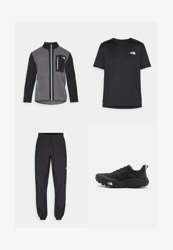 Pilkas ir juodas fliso striukė, su aukštu apykakle, užtrauktukais kišenėmis ir krūtinės kišenėle su logotipu. Minkšta, raštuota medžiaga.; Juodas trumpas rankovės marškinėliai, pagaminti iš lengvos medžiagos. Yra mažas baltas logotipas kairiajame krūtinės pusėje ir subtilūs pečių akcentai.; Juodos sportinės kelnės, pagamintos iš lengvos medžiagos, su raišteliu liemens srityje, šoniniais kišenėmis ir siaurėjantys apykaklės prie kulkšnies.; Juoda bėgimo batai su tekstūruotu paviršiumi, guma padais ir sustiprinta pirštų dalimi. Yra paminkštinta apykaklė ir kilpos, leidžiančios lengvai užsidėti.