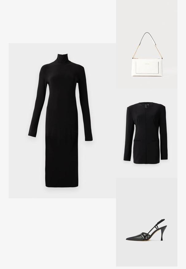Mustama pikka varrukaga ülikondjakk, millel on peidetud esine sulgemine, struktureeritud õlad ja kaks esist taskut, valge taustal.; Pikad varrukad must kleit kõrge kaelusega ja ribakujundusega, sirgeilmelise lõikega ja põlvepikkuselise hemiga.; Must musta kõrgtehnoloogiline suss, terava ninaga, ristcross rihmade disainiga ja õhukese stilettokontsaga. Sile tekstuur ja minimaalne kaunistus.; Valge nahast kott tekstureeritud viimistlusega, millel on kuldne kettling ja mustad aktsendid. Include eesmine tasku ja tõmblukk.