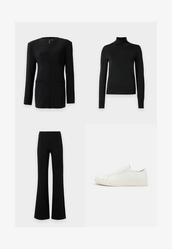 Črn dolgo rokavni prilagojen blazer s skrito sprednjo zaporo, strukturiranimi rameni in dvema sprednjima žepoma na beli podlagi.; Črni pulover s dolgimi rokavi in vratnikom, z rebrastimi манжетами in robom, prikazan na enobarvni beli podlagi.; Črne krilate hlače z visokim pasom, izdelane iz raztegljive tkanine. Imajo vertikalne šive na sprednji strani in gladko teksturo.; Bele usnjene superge z gladko teksturo, okroglo konico, minimalnimi luknjicami za vezalke in ravnim gumijastim podplatom. Preprost dizajn brez dodatnih okrasov.