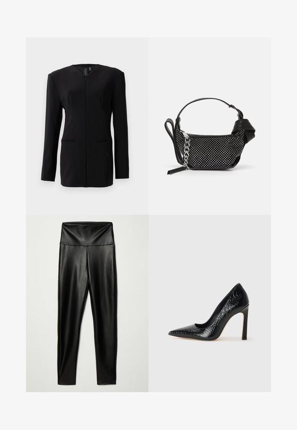 Μαύρο σακάκι με μακριά μανίκια, προσαρμοσμένο, με κρυφό κλείσιμο μπροστά, δομημένους ώμους και δύο μπροστινές τσέπες σε λευκό φόντο.; Μαύρη μπλούζα με μακριά μανίκια, από ελαστικό ύφασμα, με V-ντεκολτέ και στενή εφαρμογή, που διαθέτει λεία υφή και κοντό μήκος.; Μαύρο κολάν από τεχνητό δέρμα με ψηλή μέση, διαθέτοντας λεία υφή και εφαρμοστή σιλουέτα, φτάνοντας μέχρι τον αστράγαλο.; Μαύρο ψηλοτάκουνο παπούτσι με αιχμηρή μύτη και υφή από δέρμα κροκοδείλου, με κομψό σχέδιο, υψηλό τακούνι στιλέτο και λείο μαύρο εσωτερικό.; Μαύρη τσάντα χειρός με υφασμάτινη σχεδίαση, διακοσμημένη με ασημένια τρουκς και μια χοντρή ασημένια αλυσίδα. Διαθέτει κομψό, μινιμαλιστικό σχήμα.