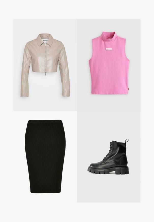 ONLY Petite ONLSARAMY JACKET - Giacca in similpelle - fungi; Top senza maniche rosa con collo alto, realizzato in morbido cotone. Presenta un piccolo logo bianco di Levi's sul petto. Texture liscia e design semplice.; Gonna a matita nera a coste con un design aderente. Presenta un alto punto vita e un tessuto testurizzato, offrendo una silhouette liscia.; Stivali alla caviglia in pelle nera con punta tonda, chiusura con lacci frontale dotata di sei occhielli metallici e suola in gomma spessa e texturizzata.