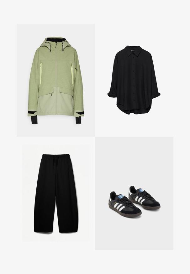 Hellgrüne Jacke mit strukturiertem Finish, ausgestattet mit Kapuze, Reißverschlusstaschen und schwarzen Akzenten an den Bündchen und dem Saum.; Schwarze Langarmhemd mit Knöpfen, spitzem Kragen, lockerer Passform, hochgekrempelten Ärmeln und leicht abgerundetem Saum, gefertigt aus einem glatten Stoff.; Schwarze weit geschnittene Hosen mit elastischem Bund und Kordelzug. Weicher Stoff mit glatter Textur. Gerader Schnitt mit Seitennähten.; Schwarze Sneaker mit einem Obermaterial aus Wildleder und Synthetik, ausgestattet mit drei weißen Streifen, einer strukturierten Gummi-Sohle und einem blauen Logo-Tag auf der Zunge.