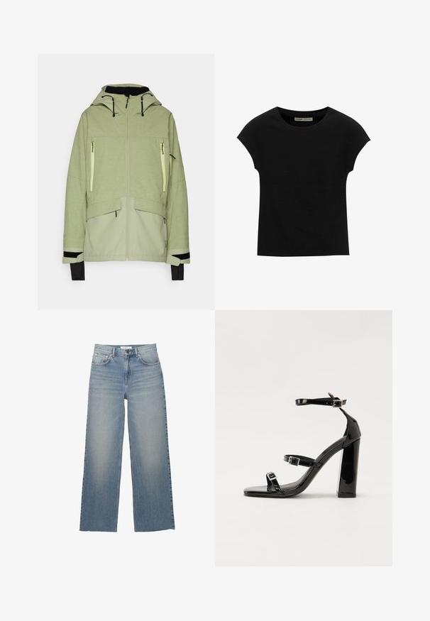 Ljusgrön jacka med texturerad finish, med huva, dragkedjefickor och svarta detaljer vid ärmar och nederkant.; Svart T-shirt med korta ärmar och rund halsringning. Tillverkad av mjukt, elastiskt bomullstyg. Enkel design utan mönster eller grafik.; Ljusblå vida jeans i denim, med hög midja, framfickor och knäppning. Slät textur med blekta områden.; Svarta lackerade klacksandaler med fyrkantig tå, ankelremmar och silverfärgade spännen. Har en kraftig blockklack för stabilitet.