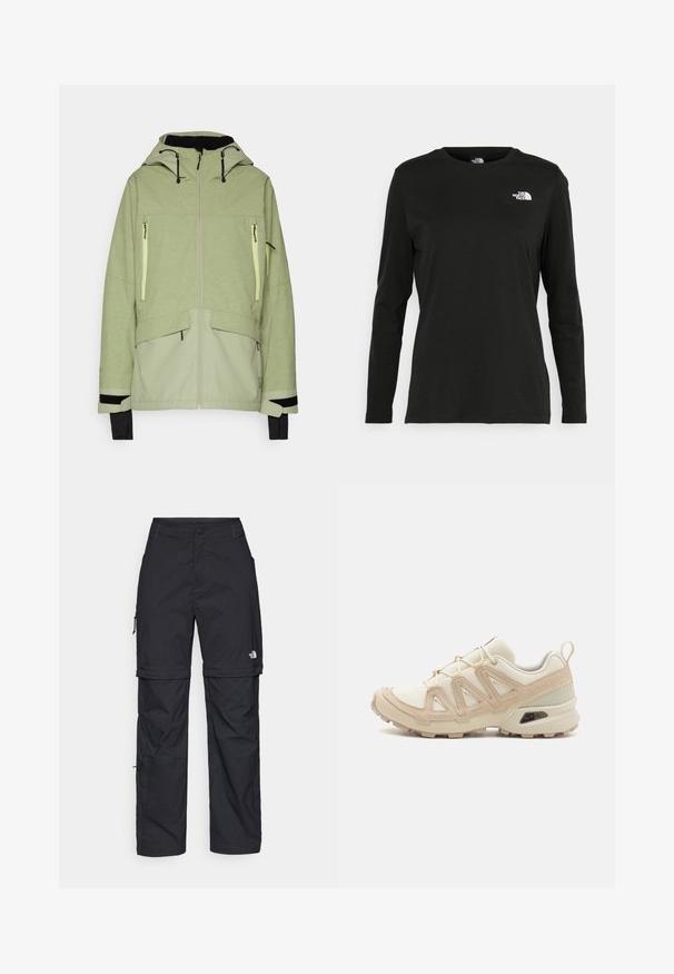 Lys grønn jakke med en teksturert finish, med hette, glidelåslommer og svarte detaljer ved mansjettene og kanten.; Svart langermet T-skjorte laget av bomull med rund hals. Har en liten hvit logo på venstre brystområde. Enkelt design og passform.; Svarte nylon cargo-bukser med glidelås og justerbare mansjetter, flere lommer og en logo på høyre bein. Glatt, lett tekstur.; Beige og krem joggesko med teksturert mesh-overdel, støttende overlegg og gummisåle med et mønster for godt grep.