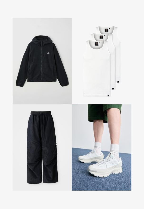 Hoodie de fleece preto com fecho de correr completo, dois bolsos laterais e um logótipo triangular em branco no canto superior esquerdo do peito.; Três tops em algodão de alças brancas com nervuras. Apresentam um decote redondo e pequenas etiquetas pretas perto da bainha. Disponíveis em vários tamanhos.; Calças de cargo leves em nylon preto, com cintura elástica, cordão ajustável e múltiplos bolsos em camadas nas pernas.; Sapatos atléticos brancos com sobreposições texturizadas, sola espessa e detalhes em cinza. Usados com meias brancas até ao tornozelo e calções verdes sobre uma superfície azul.