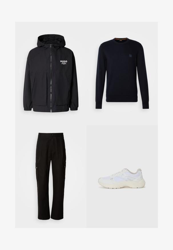 Giacca nera con cappuccio caratterizzata da una zip frontale completa, polsini elasticizzati e due tasche frontali. Logo stampato sul lato sinistro del petto. Texture liscia.; Maglione in blu navy a maglia con maniche lunghe, scollo rotondo, polsini e orlo a costine, con un piccolo logo quadrato sulla parte anteriore.; Pantaloni cargo neri in cotone con vestibilità comoda, dotati di tasche laterali, chiusura a bottone e gambe dritti. Design semplice senza motivi.; Scarpe da ginnastica bianche in mesh e suede, con una suola intermedia testurizzata, dettagli testurizzati e il logo "HUGO" sul lato.