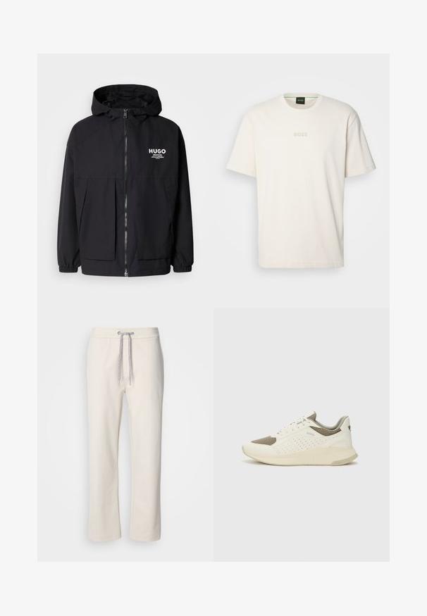 Juodas gobtuvas striukė su pilnu priekiniu užtrauktuku, elastinėmis rankovėmis ir dviem priekinėmis kišenėmis. Spausdintas logo ant kairės krūtinės. Lygus tekstūruotas paviršius.; BOSS TEE - Paprasti marškinėliai - open white; Kremo spalvos laisvalaikio kelnės su raišteliu ir tiesiomis kojomis, eksponuojamos ant baltos vienodą fono.; Baltas ir šviesiai bežinis sportinis kedas, su tinklo viršumi, perforuotais detalėmis ir tekstūruotu tarpine su logotipu ant kulno.
