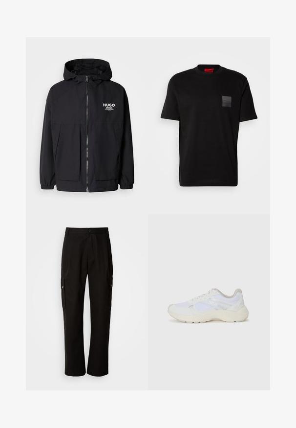 Czarna kurtka z kapturem z pełnym zamkiem z przodu, elastycznymi mankietami i podwójnymi kieszeniami z przodu. Drukowane logo na lewej piersi. Gładka faktura.; Czarny bawełniany T-shirt z okrągłym dekoltem, z teksturowaną czarną naszywką z logo na lewej piersi. Krótkie rękawy i luźny krój.; Czarne spodnie cargo wykonane z bawełny, o luźnym kroju, z bocznymi kieszeniami, z zapięciem na guzik i prostymi nogawkami. Prosty design bez wzorów.; Białe sportowe buty wykonane z siateczki i zamszu, z teksturowaną podeszwą środkową, teksturowanymi akcentami i logo "HUGO" z boku.
