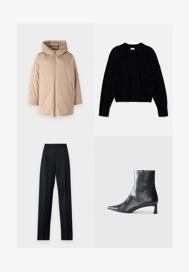 Béžová péřová bunda s kapucí, která má přední zip, boční kapsy a hladký matný povrch. Volný střih a měkká podšívka.; Černý zkrácený svetr vyrobený z nadýchaného materiálu. Má kulatý výstřih a dlouhé rukávy se měkkou texturou. Minimalistický design, bez vzorů.; Černé kalhoty vyrobené z hladké tkaniny, vybavené vysokým pasem, širokými nohavicemi, předními záhyby a klasickými poutky na opasek. Nejsou viditelné boční kapsy.; Černé kožené kotníkové boty s špičatou špičkou a elegantním designem. Mají nízký podpatek a zipové zapínání na zadní straně. Hladká textura.