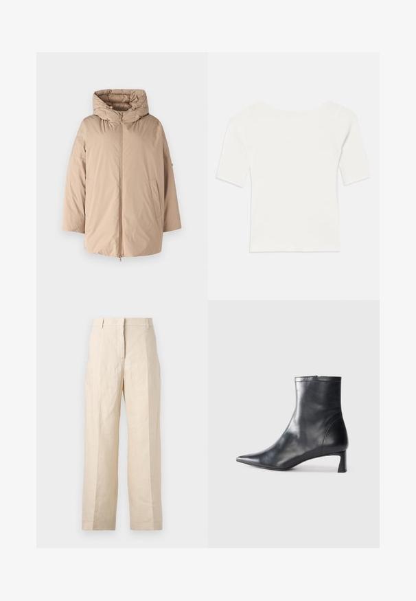 Beige puffer jacket with a hood, featuring a front zipper, side pockets, and a smooth, matte texture. Loose-fit design and soft lining.; White ribbed short-sleeve top with a wide neckline. The texture features vertical stripes, emphasizing a snug fit and simple design.; Beige linen trousers with a loose fit, pleated front, and straight legs. Features a waistband with belt loops and no visible pockets.; Black leather ankle boot with a pointed toe and a sleek design. Features a low heel and a zipper closure at the back. Smooth texture.