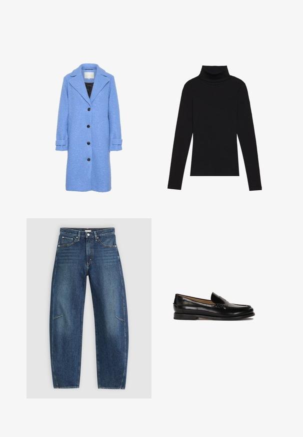Manteau bleu texturé avec une silhouette droite, grands revers et cinq boutons noirs. Présente des poignets roulés et un intérieur noir.; Haut à manches longues noir à col roulé, fabriqué en tissu côtelé, présente un design ajusté avec un col haut et sans motifs ni accents.; Jean en denim bleu foncé avec une coupe droite, dotés de poches avant, de surpiqûres contrastées et d'une texture légèrement délavée sur les jambes.; Mocassin en cuir noir avec un bout arrondi, design à enfiler et détails de couture subtils le long de la tige. Semelle plate en caoutchouc.