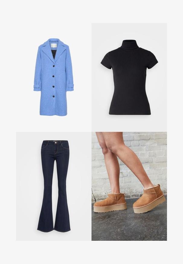 Cappotto blu testurizzato con silhouette dritta, ampie rever e cinque bottoni neri. Presenta polsini arrotolati e un interno nero.; Maglietta nera a maniche corte con collo alto realizzata in tessuto a costine, caratterizzata da una vestibilità slim e un design con colletto alto. Motivo semplice e strutturato.; Jeans a campana in denim scuro con vita aderente, caratterizzati da una chiusura frontale con bottone, design a cinque tasche e dettagli di cucitura lungo le gambe.; Stivali alla caviglia in suede marrone con una fodera morbida, suola platform spessa beige e un'asola posteriore. Superficie testurizzata con dettagli di cucitura ben visibili.