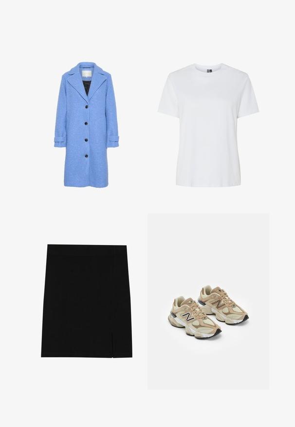 Zils teksturēts mētelis ar tiešu siluetu, lieliem atlokiem un piecām melnām pogām. Iekļauj pagrieztus aproces un melnu interjeru.; Balts kokvilnas T-krekls ar īsām piedurknēm un apaļu kakla izgriezumu. Gluda tekstūra, brīva piegriezte un bez redzamām rakstām vai akcentiem.; Melna mini svārku izgatavota no mīksta auduma ar pieguļošu dizainu, kurai sānos ir neliela šķirba papildu detaļām.; Beigās sporta kedas ar acu un zamša materiāliem. Iekļauj melnu logotipu un teksturētus akcentus. Resna balta starppēda un melna gumijas zole.