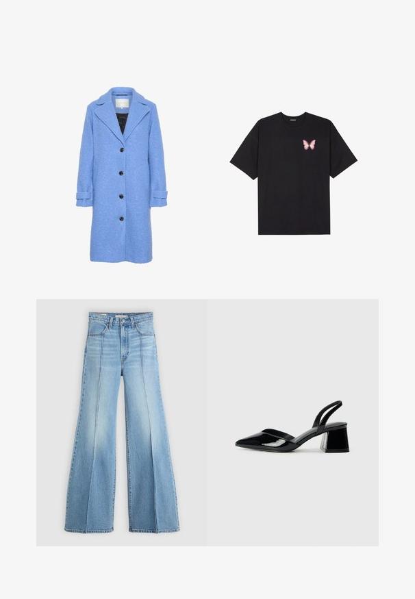 Mėlynas tekstūruotas paltas su tiesia siluetu, didelėmis apykaklėmis ir penkiais juodais mygtukais. Yra suvynioti rankogaliai ir juodas vidus.; Juodas medvilnės marškinėliai trumpomis rankovėmis, su maža rožine drugelio grafika kairėje krūtinės pusėje. Apvalus kaklo iškirpimas, laisvas kirpimas.; Šviesiai mėlyni aukšto liemens džinsai su plačiomis kojomis, priekinėmis ir užpakalinėmis kišenėmis, diržo kilpos ir vertikaliomis siūlėmis priekyje.; Juodos lakuotos odinės šlepetės su smailiu pirštu ir geometriniu bloko kulnu. Turi elegantišką, minimalistinį dizainą ir lygų paviršių.