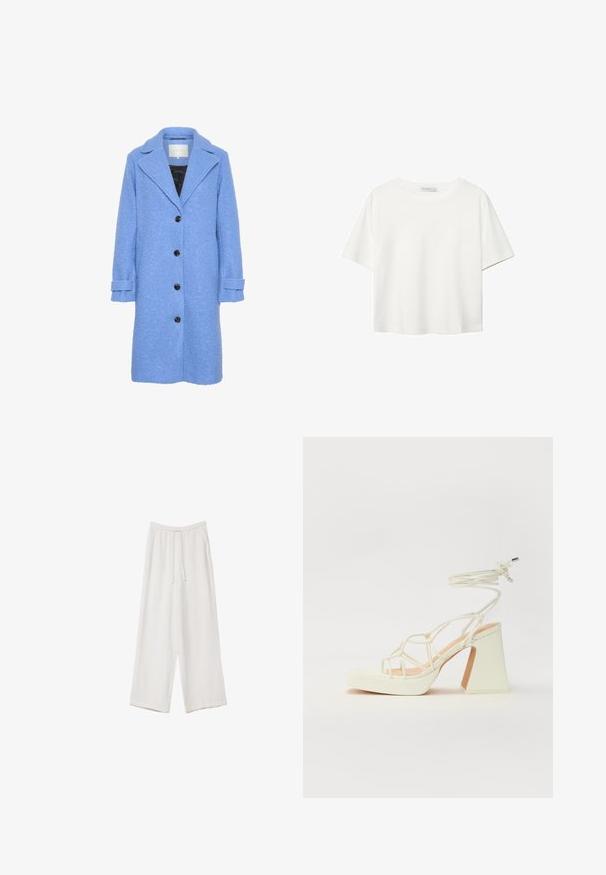 Blue textured coat with a straight silhouette, large lapels, and five black buttons. Features rolled cuffs and a black interior.; White short-sleeve t-shirt made of cotton. Features a crew neckline and a relaxed fit. Smooth texture with no visible patterns or accents.; White wide-leg trousers made from a lightweight fabric. Features an elastic waistband with a drawstring and side pockets. Smooth texture.; White high-heeled sandal with a chunky heel, featuring a strappy design and ankle tie. Smooth texture with a platform front for added height.