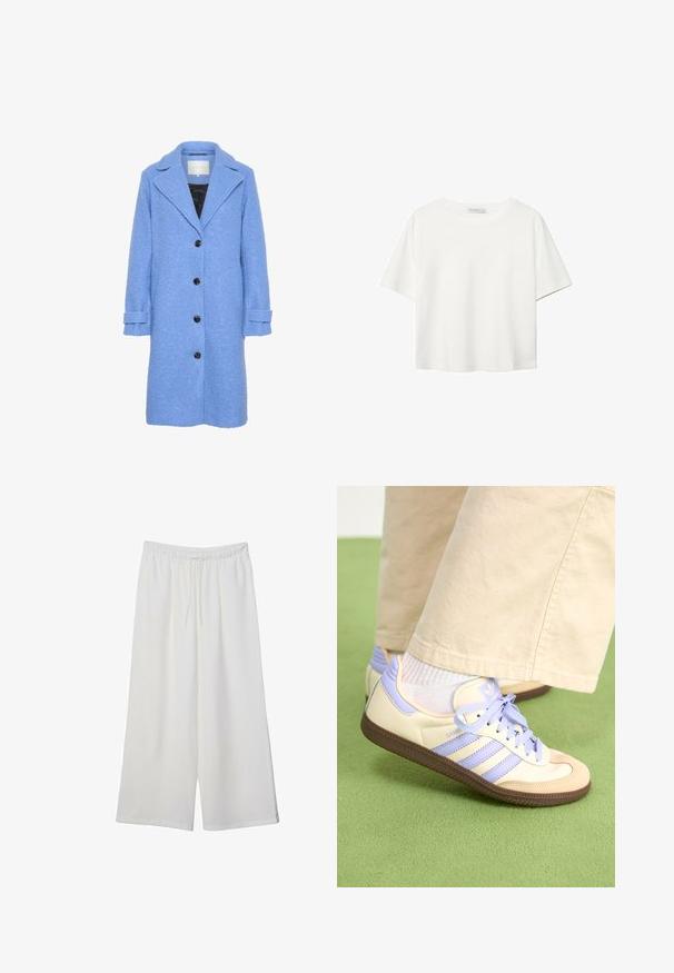 Manteau bleu texturé avec une silhouette droite, grands revers et cinq boutons noirs. Présente des poignets roulés et un intérieur noir.; T-shirt blanc à manches courtes en coton. Doté d'un col ras du cou et d'une coupe décontractée. Texture lisse sans motifs ni accents visibles.; Pantalons larges blancs en tissu léger, avec une taille élastique et un cordon de serrage pour un ajustement réglable. Texture lisse.; Baskets crème et lavande avec trois bandes et une semelle marron texturée, dotées de lacets et d'un talon rembourré. Tige en tissu doux.
