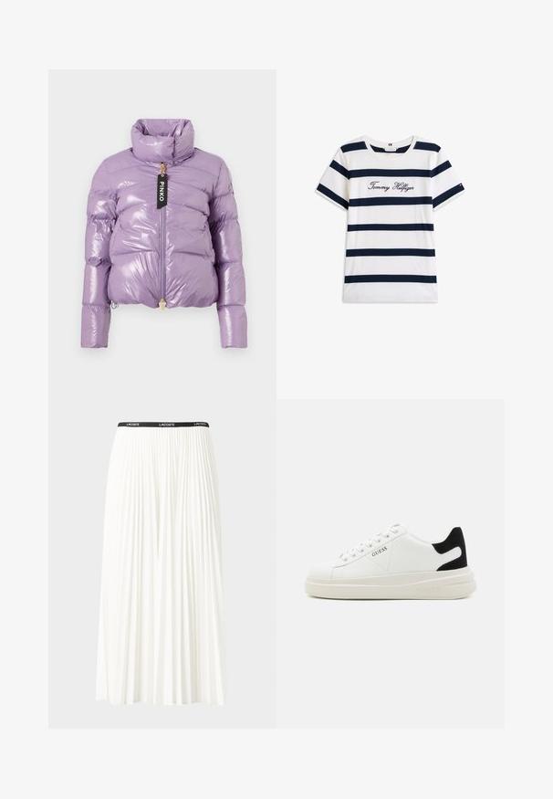 Giacca a vento viola con finitura lucida, alto colletto, zip completa e etichetta. Presenta un design cropped e texture trapuntata.; T-shirt in cotone con righe orizzontali blu navy su sfondo bianco. "Tommy Hilfiger" ricamato in corsivo sul petto. Collo a giro.; Gonna bianca plissettata con elastico nero in vita che presenta il logo "LACOSTE". Design di lunghezza media con texture morbida.; Sneaker bianchi in pelle con suola spessa bianca, accento in suede nero sul tallone e logo impresso sul lato. Design con lacci e sei fori per i lacci.
