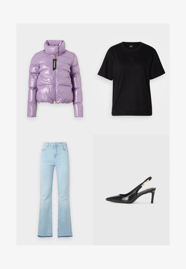 Lila pufferek dzseki fényes felülettel, magas gallérral, teljes cipzárral és címkével. Rövidített fazonú és steppelt textúrájú.; Fekete pamut póló kerek nyakkivágással, rövid ujjakkal és hímzett logóval a mellkasán. Egyszerű, laza szabás, minta nélkül.; Világoskék, trapéz fazonú farmernadrág, magas derékkal, elülső zsebekkel és nyers szegéllyel a szárakon, amely laza megjelenést kölcsönöz.; Fekete bőr, slingback magas sarkú cipő, hegyes orral, sima textúrával és keskeny bokapánttal, arany fémrészletekkel.