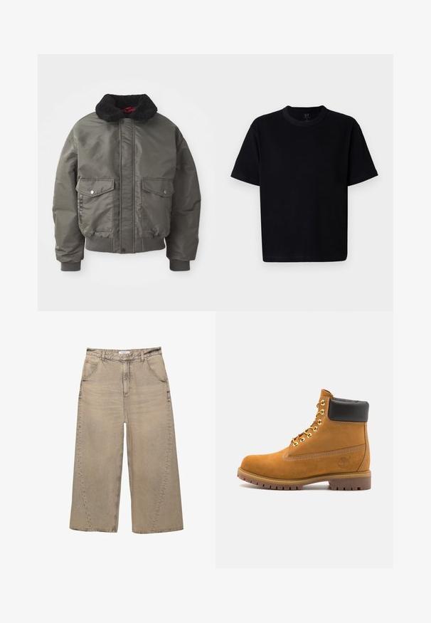 Padded bomber jacket w kolorze oliwkowym, z czarnym kołnierzem z sztucznego futra, dwiema przednimi kieszeniami oraz prążkowanymi mankietami i dołem. Gładka tekstura.; Czarna bawełniana koszulka z okrągłym dekoltem, krótkimi rękawami i prostym krojem. Charakteryzuje się minimalnym przeszyciem oraz miękką, gładką fakturą.; PULL&BEAR - Jeansy baggy; Beżowe zamszowe botki sięgające kostki z czarną wyściełaną krawędzią, złotymi oczkami, białymi detalami szycia oraz wytrzymałą gumową podeszwą z wyraźnym bieżnikiem.