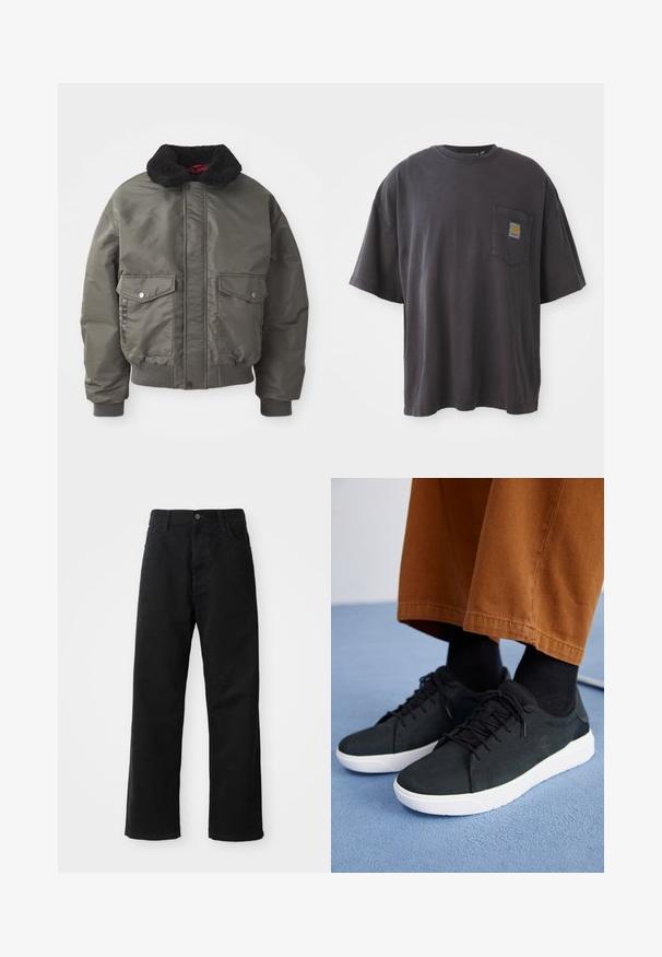 Olive roheline pehmendatud pommikindel jakk, millel on mustast kunstkarvast kaelus, kaks esist kotti ning soonikkoes mansetid ja alumine äär. Sile tekstuur.; Mustad must t-särk lühikeste varrukatega, ümar kaelus ja vasakul rinnal tasku ruudukujulise logoplaadi näitega. Lihtne ja ilma embellishmentsita disain.; Mustadest denimist püksid sirge lõikega, mis sisaldavad ees taskuid, lukufliisi ja ühte ülemist nööpi. Tekstureeritud kangas mati viimistlusega.; Mustad suede spordijalatsid valge kummitaldaga, millel on paeltega kinnitamine, tekstuuriga aktsendid ja tagasihoidlik bränding, koos pruuni pükstega.