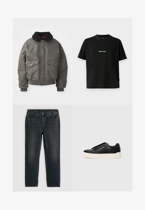 Olive roheline pehmendatud pommikindel jakk, millel on mustast kunstkarvast kaelus, kaks esist kotti ning soonikkoes mansetid ja alumine äär. Sile tekstuur.; Must värvi puuvillane T-särk lühikeste varrukatega, millel on rinnal valge tikitud "Original Studio" tekst ja ümar kaelus.; Tumed sinised denim teksad sirgete sääremõõtudega, viie tasku, lukuga ja kontrastsetes õmblustes. Kanga peal on õrn kulumine.; Must musta kingad tekstureeritud nahast pealmise osaga, valge kummist tallaga ja nähtamatute paeltega. Küljel on brändi logo.