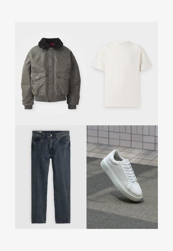 Casaco bomber acolchoado em verde-oliva, com um colarinho de pelúcia sintética preta, dois bolsos frontais e punhos e bainha canelados. Textura suave.; T-shirt branco de manga curta em textura canelada. Gola redonda, ajuste descontraído, sem padrões ou detalhes visíveis. Design simples e versátil.; Jeans de denim azul-escuro com um design de perna reta, cinco bolsos e fecho com botão. O tecido apresenta um desvanecimento sutil e textura.; Tênis de couro branco com superfície lisa, bico redondo e cadarços brancos planos. Apresenta uma sola de borracha texturizada e elementos de design minimalistas.