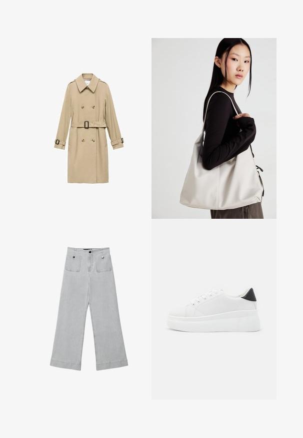 Bežový trenčkot s dvojitým zapínaním, ramennými vycpávkami, opaskom v páse a gombíkovými detailmi na manžetách.; Súprava dvoch dlhých rukávov v bielej a čiernej farbe. Žebrovaná textúra, okrúhly výstrih, priliehavý strih s mierne rozšírenými rukávmi.; Bledé šedé džínsy s širokými nohavicami, ktoré majú dva predné vrecká, kovové gombíkové zapínanie a čistý vzhľad s obrúbenými okrajmi.; Biele platformové tenisky vyrobené z hladkého syntetického materiálu, so zaoblenou špičkou, šnurovacím dizajnom a textúrovanou gumovou podrážkou. Čierny akcent na päte.; Béžová kabelka vyrobená z mäkkého materiálu, s uvoľneným dizajnom, prišitými detailmi a dvoma popruhmi na nosenie na pleciach. Vhodná na každodenné nosenie.