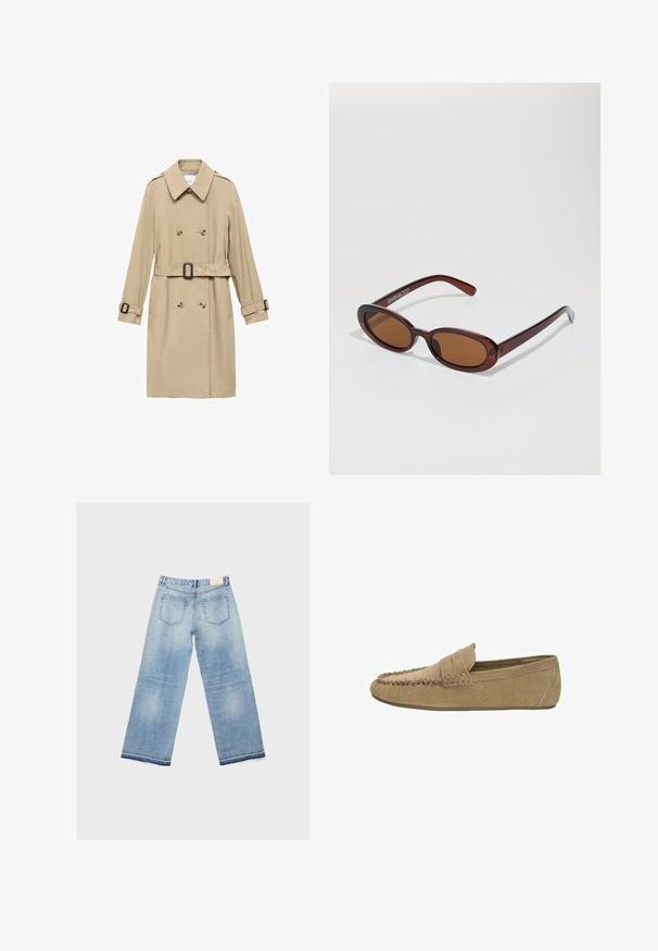 Beige trenchcoat med dubbelknäppt design, axelklaffar, belagd midja och knapparseffekter vid ärmsluten.; Vit kortärmad t-shirt i bomull; har en avslappnad passform, rund halsringning och inga synliga mönster eller detaljer.; Ljusblå vida jeans med en blekt design, som har två bakfickor och en sydd fåll. Tillverkade av denimmaterial.; Ljusbruna mocka herrloafers med sydd moc toe och pennyrem, platt gummisula, sidoprofil mot vit bakgrund.; Runda, bruntonade solglasögon med en glansig bordeauxfärgad ram. Smala bågar med subtilt varumärkesdetalj. Platt linsdesign.; Brun mockaskinn hobo-väska med en avslappnad form, som har ett böjt handtag upptill och triangulära paneldetaljer på framsidan och baksidan.