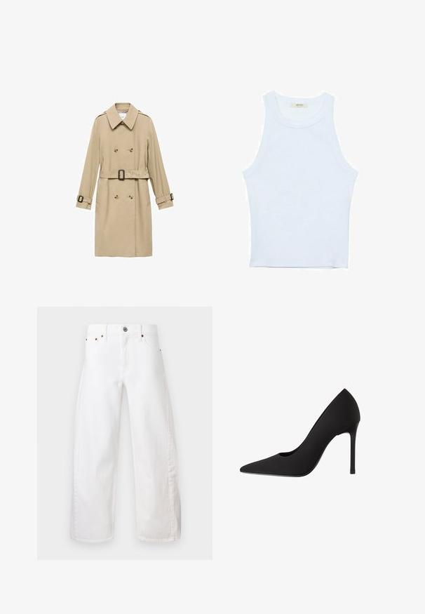 Bežový trenčkot s dvojitým zapínaním, ramennými vycpávkami, opaskom v páse a gombíkovými detailmi na manžetách.; Biele tielko, rebrový textúra, okrúhly výstrih, bezrukávový dizajn, priliehavý strih, diskrétne logo na štítku vo vnútri oblasti goliera.; Biele nohavice s širokými nohavicami vyrobené z bavlnenej denimu. Obsahujú zapínanie na gombík a zips, predné vrecká a jemné prešívanie pozdĺž švov.; Čierne lodičky na vysokom podpätku so špicatou špičkou, elegantným saténovým povrchom a stiletto podpätkom. Navrhnuté s jemným výrezom na boku.