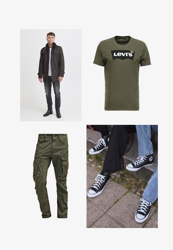 Tmavě šedý vlněný kabát se strukturovaným designem, knoflíky, nášivkami na ramenou a bočními kapsami, nošený přes bílou košili a kombinovaný s tmavými džínami a botami.; Olivově zelené bavlněné tričko s velkým černým logem Levi's na přední straně. Klasický kulatý výstřih a krátké rukávy, hladká textura.; Olivově zelené cargo kalhoty vyrobené z pevné bavlny. Obsahují několik kapsiček, boční kapsu na zip a zúžené nohavice s mírně texturovaným povrchem.; Černé kanvasové tenisky s vysokým střihem, bílé gumové podrážky a tkaničky, s kulatým logem na boku a spárované s džíny a černými kalhotami.