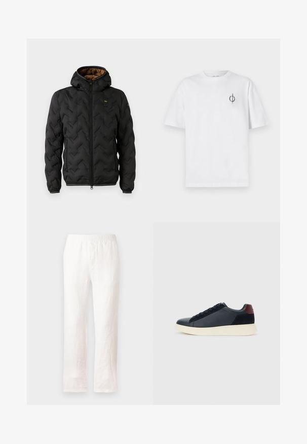 Crna puffer jakna s kapuljačom, s odmaračkim quilted chevron uzorkom, zatvaranjem na rajsferšlus i elastičnim manžetama. Smeđa unutrašnjost i detalj s logotipom.; Bijela pamučna majica s opuštenim krojem, s malim crnim grafičkim logotipom na lijevoj prečki. Kratki rukavi, okrugli izrez.; Bijele lanene hlače s elastičnim pojasom, ravnog kroja i blago teksturirane tkanine. Bez uzoraka ili dodatnih detalja.; Niske muške tenisice od crne kože i antilopa s bordo petnom oznakom i bijelim gumenim potplatom, prikazane s vanjske strane.