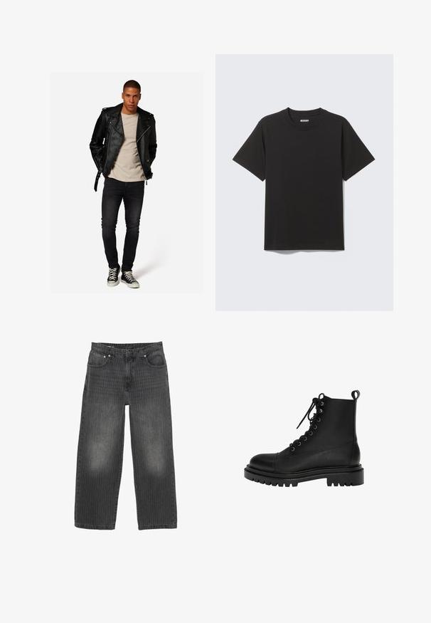 Zwarte leren motorjack met zilveren accenten, beige T-shirt, donkere jeans en zwarte sneakers, in een staande pose tegen een effen achtergrond.; Zwart T-shirt met korte mouwen gemaakt van zachte katoen, met een ronde halslijn en een eenvoudig ontwerp zonder patronen of accenten.; Zwarte denim wijde broekspijpen met subtiele verticale strepen, vijfzakkenontwerp en knoopsluiting aan de voorkant. Versleten textuur bij de zakken.; Zwarte leren enkellaars met een ronde neus, vetersluiting aan de voorkant, metalen oogjes en een chunky, gestructureerde rubberen zool.