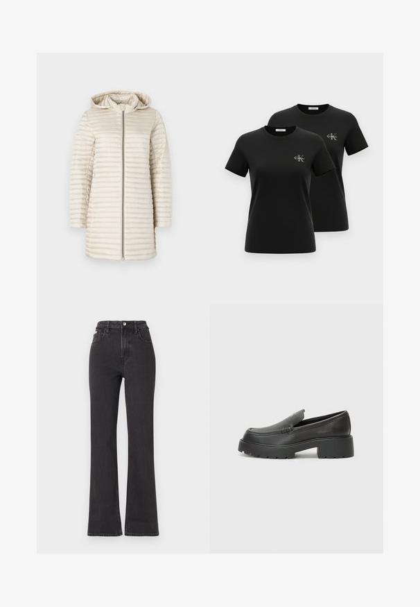 Helebeige puffjakke with kapuuts, millel on horisontaalne quiltitud tekstuur, täispikk eesmine tõmblukk ja pikad varrukad. Sile, läikiv kangas.; Kaks musta lühikese varrukaga ümara kaelusega T-särki, millel on vasakul rinnal väikesed hallid "CK Calvin Klein" logod, esitatuna valgel taustal.; Mustad kõrge vöökohaga laienevad teksapüksid, mis on valmistatud denimist, varustatud nööbiga kinnitamise, vöörihmade ja küljetaskutega. Sile tekstuur minimaalse pleekimisega.; Mustad nahast loafers ümarate varvastega, paksu tekstuuriga tald ja minimaalsete õmbluse detailidega. Viimistletud disain, kus pole nähtavaid paelu ega riistu.