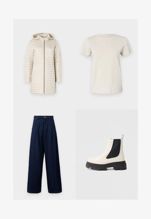 Chaquetón acolchado de color beige claro con capucha, que presenta un textura acolchada horizontal, un cierre frontal completo y mangas largas. Tejido suave y brillante.; Camiseta de algodón de manga corta color beige claro con cuello redondo y un sutil detalle de texto en la parte delantera. Textura suave y corte relajado.; Pantalones vaqueros de mezclilla anchos en azul oscuro con cintura alta, frente plisado y cierre de botón clásico, que cuentan con bolsillos laterales y costuras en contraste.; Botín Chelsea de cuero crema con suela gruesa negra y panel lateral elástico negro sobre fondo blanco liso.