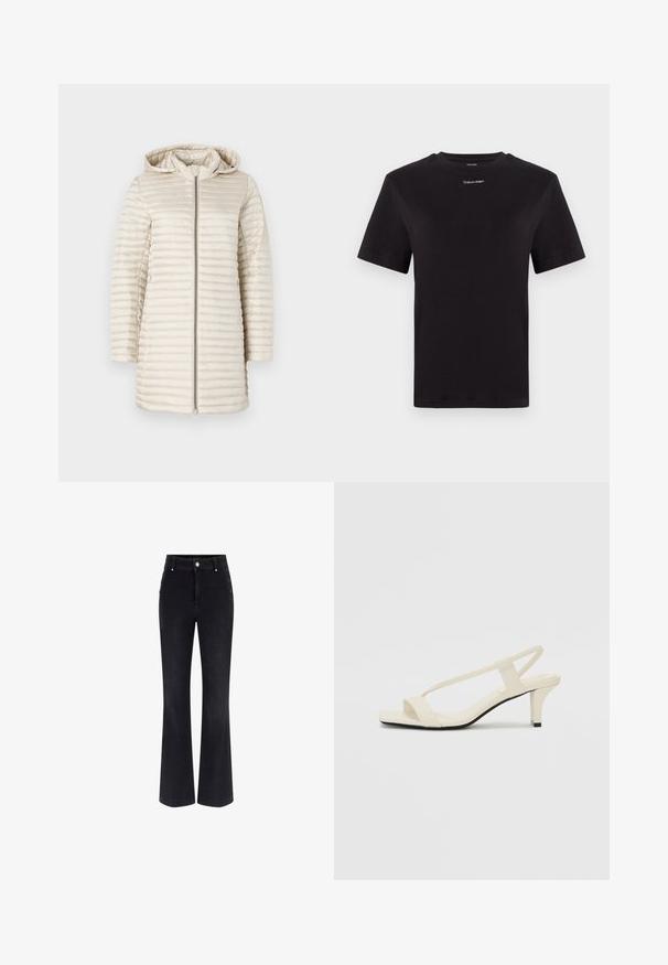 Svetlo bež zimska jakna s kapuco, ki ima vodoravno prešito teksturo, poln sprednji zadrgo in dolge rokave. Gladka, sijajna tkanina.; Črna bombažna majica s kratkimi rokavi, okroglim izrezom in majhnim belim logotipom "Calvin Klein" na prsih. Gladka tekstura, klasičen kroj.; Črne flared jeans iz denima z visokim pasom, petimi žepi in kovinskimi gumbi na straneh. Gladka tekstura in klasičen kroj.; Bež sandale z blok peto, tankimi trakovi in kvadratnim prstom. Gladek material z minimalnim okrasjem, zasnovan za enostavno nošenje.