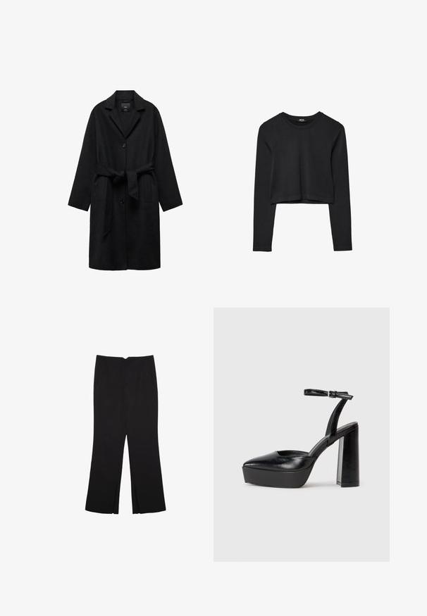 Mango CUCA - Klasični plašč - black; Črna dolgi rokavi prerezana majica s krožnim izrezom, enostaven dizajn in rahlo ukrivljen rob.; Črne hlače ravnega kroja z naglavnimi žepi in stranskimi razporki na robu. Narejene iz mehke, gladke tkanine. Primerne za različne priložnosti.; Črne platforme z visokimi petami in koničastim nosom ter nastavljivim gležnjenjskim trakom. Narejene iz gladke usnje, s kockasto peto.