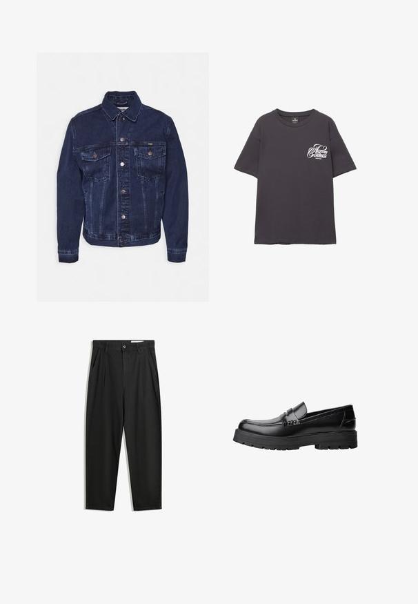 Tmavomodrá džínová bunda s zapínaním na gombíky, dvomi náprsnými vreckami a klasickým golierom. Obsahuje jemné vyblednutia a kovové doplnky.; Sivá bavlnená tričko s krátkymi rukávmi, okrúhlym výstrihom a bielym potlačou na ľavej strane hrudníka. Mäkká textúra a voľný strih.; Čierne bavlnené nohavice s voľným strihom, s klasickým pásom, prednými záhybmi a bočnými vreckami. Hladká textúra bez vzorov.; Čierne kožené mokasíny s masívnou podrážkou a dekoratívnym pásom cez hornú časť, zobrazené z ľavého bočného profilu na bielom pozadí.