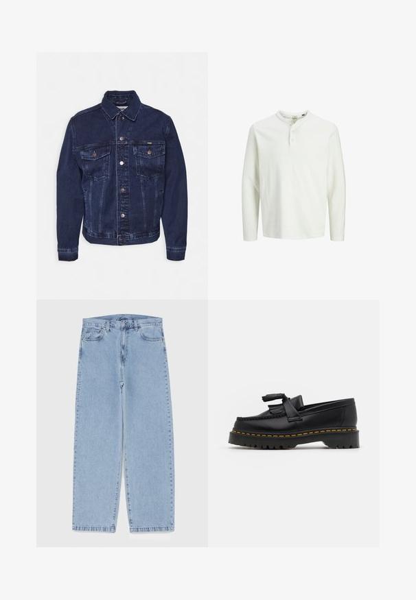 Dunkelblaue Jeansjacke mit einer Knopfleiste, zwei Brusttaschen und einem klassischen Kragen. Sie weist dezente Verwaschungen und Metallakzente auf.; Weißes Langarm-Henley-Shirt mit drei Knöpfen und rundem Ausschnitt, auf einem schlichten weißen Hintergrund präsentiert.; Hellblaue Jeans aus Denim mit geradem Bein, ausgestattet mit einer mittelhohen Taille, fünf Taschen sowie einem Knopf- und Reißverschluss.; Schwarze Lederloafers mit einem fransenverzierten Akzent, ausgestattet mit einer robusten schwarzen Sohle und gelber Naht entlang der Kante. Texturierte Oberfläche.