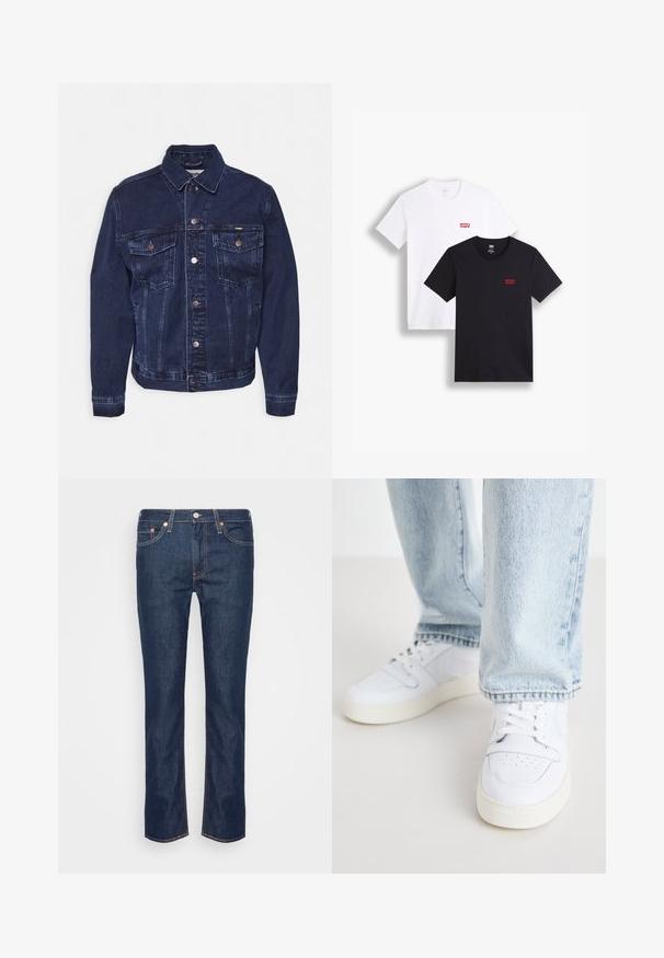 Tamsiai mėlynas džinsinis švarkas su mygtukų užsegimu, dviem krūtinės kišenėmis ir klasikine apykakle. Yra švelnių nusidėvėjimo požymių ir metalinių detalių akcentų.; Du mieli trumpi rankoviai marškiniai: vieni balti, kiti juodi. Abu pagaminti iš medvilnės, su raudona Levi's logotipu ant krūtinės. Paprastas apvalaus kaklo dizainas.; Tamsiai mėlynos tiesios kojos džinsai su oranžinėmis siūlėmis, penkiais kišenėmis ir priekiniais mygtukais bei užtrauktuku.; Balti odiniai žemi modeliai kedai su perforuota nosimi, plokščiomis raištelėmis ir minimalistiniu dizainu. Suderinti su šviesiai mėlynomis džinsinėmis kelnėmis.