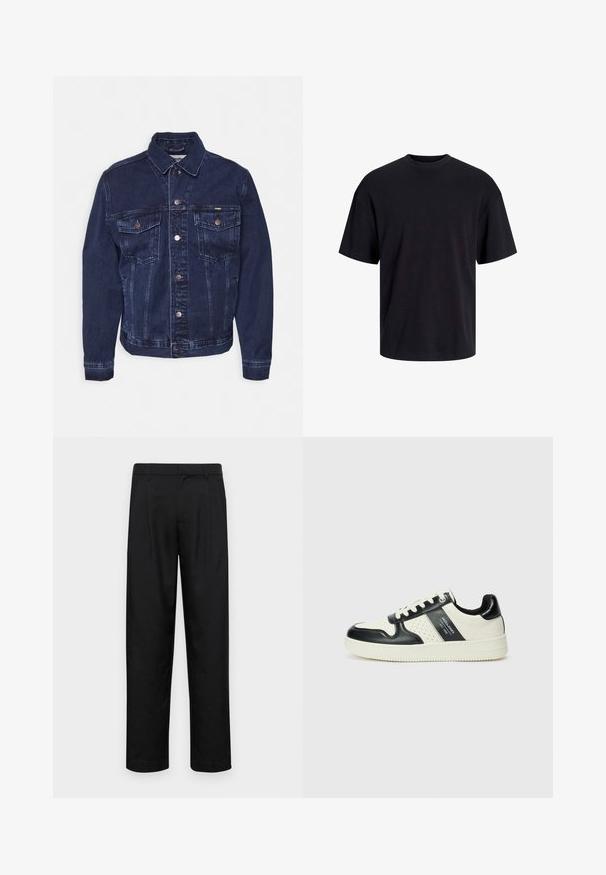 Tumši zila džinsa jaka ar pogu aizdari, divām krūšu kabatām un klasisko apkakli. Iezīmējas ar vieglu izbalēšanu un metāla aparatūras detaļām.; Melns kokvilnas T-krekls ar apaļu kakla izgriezumu, īsām piedurknēm un brīvu piegriezumu. Gluda tekstūra un nav redzamu rakstu vai akcentu.; Melnas bikses, izgatavotas no gludas auduma, ar taisnu kāju dizainu, divām priekšējām krokām un standarta jostu, kurai ir āķi.; Ādas sporta apavi ar melnbaltu krāsu shēmu, ar perforētiem akcentiem, mīkstinātu apkakli un teksturētu zoli.