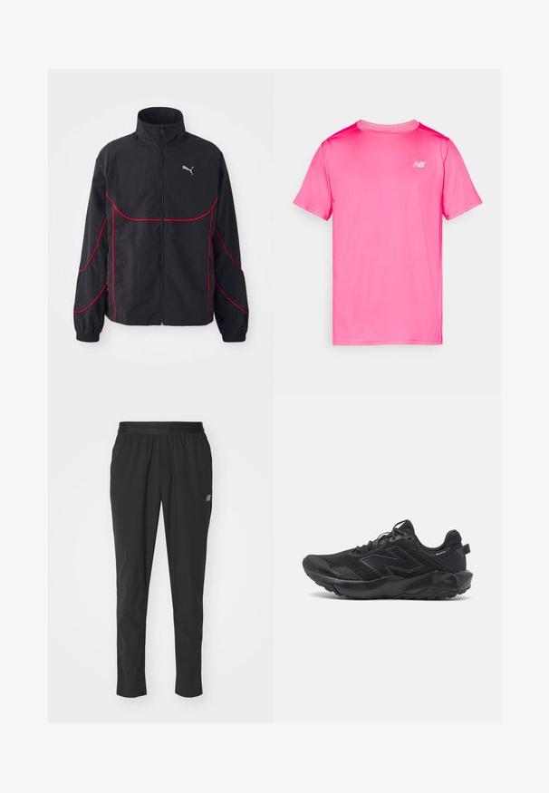 Juoda striukė su raudonomis detalėmis, aukštu apykakle, pilnu užtrauktuku, ilgomis rankovėmis ir elastinėmis rankogaliais. Ant krūtinės yra mažas logotipas.; Ryškiai rožinės spalvos trumpomis rankovėmis marškinėliai, pagaminti iš glotnios, lengvos medžiagos. Savyje turi subtilią briaunų tekstūrą ir mažą baltą logotipą ant krūtinės.; Juodos sportinės kelnės, pagamintos iš lengvos medžiagos, su elastingu juosmeniu, siaurėjančiu dizainu ir subtiliu logotipo akcentu šone.; Juodos trail running bateliai su tekstūruotu tinkleliu viršuje, palaikančiais apkaustais ir tvirtu padu, užtikrinančiu sukibimą. Yra akcentuota ženklo emblema.